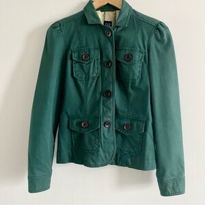 Gap Green Cavas Fitted Button Short Jacket Puff Sleeve Cotton Utility Coat